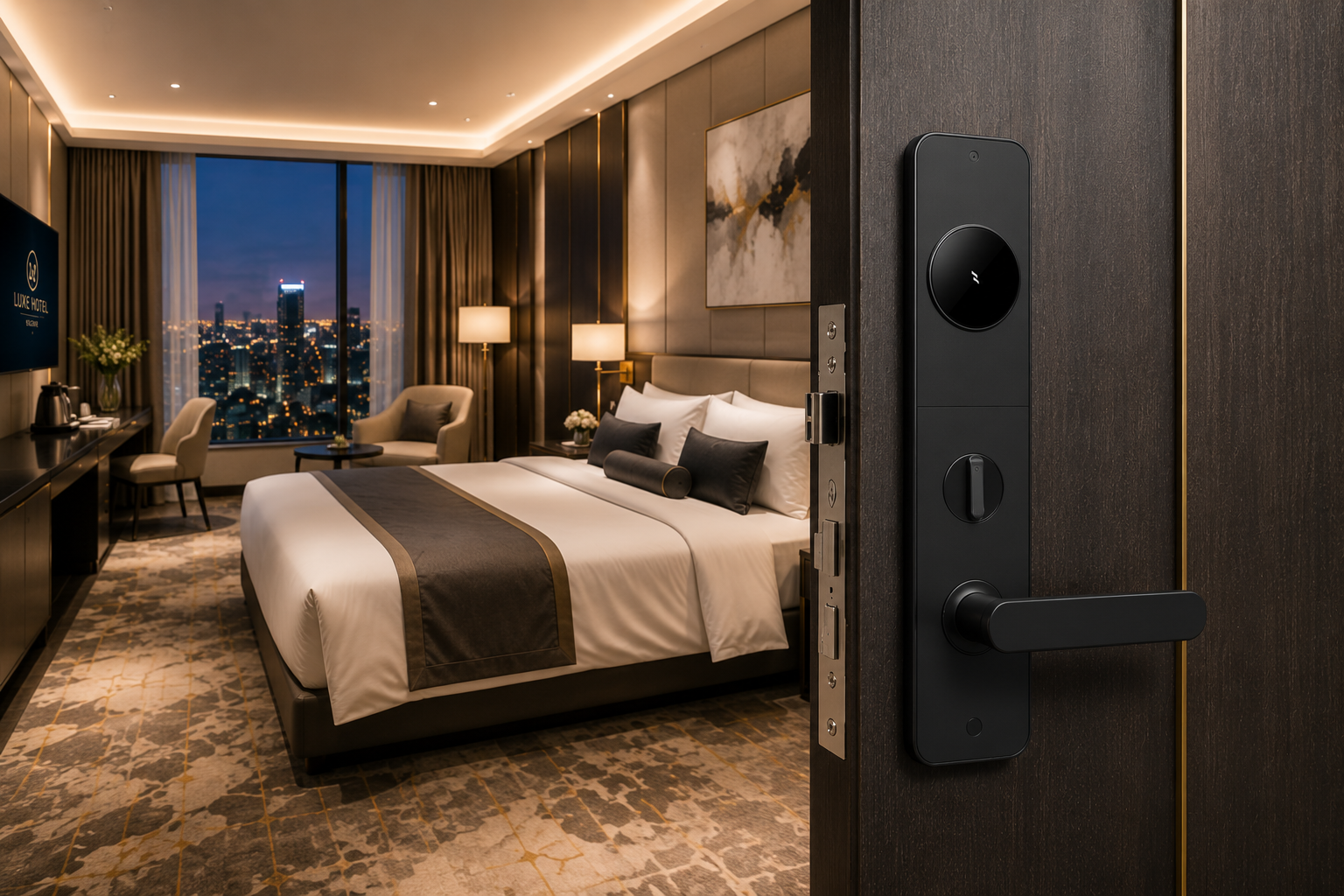Khóa cửa khách sạn thông minh JOINTECHLOCK JL 160 lắp đặt trên cửa phòng khách sạn với thiết kế hiện đại, sang trọng.